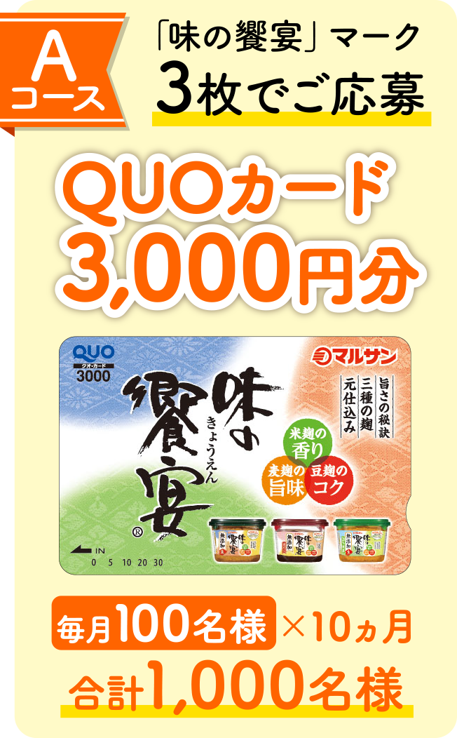 Aコース QUOカード3,000円分 毎月100名様×10ヵ月 合計1,000名様