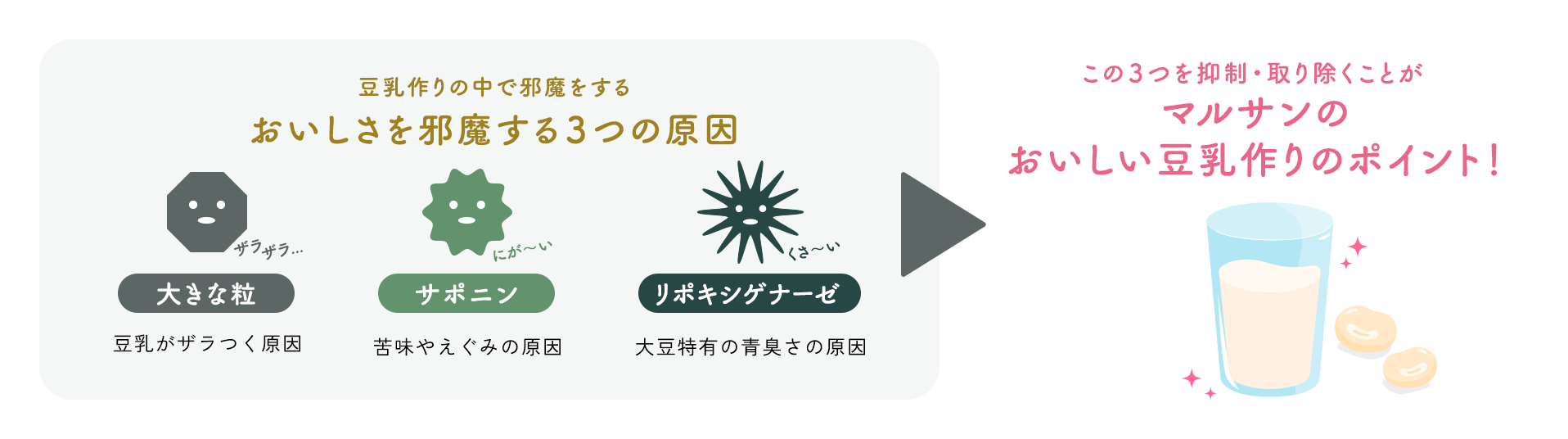 豆乳作りの中で邪魔をする おいしさを邪魔する3つの原因 大きな粒 豆乳がザラつく原因 サポニン 苦みやえぐみの原因 リポキシゲナーゼ 大豆特有の青臭さの原因 この3つを抑制・取り除くことがマルサンのおいしい豆乳作りのポイント